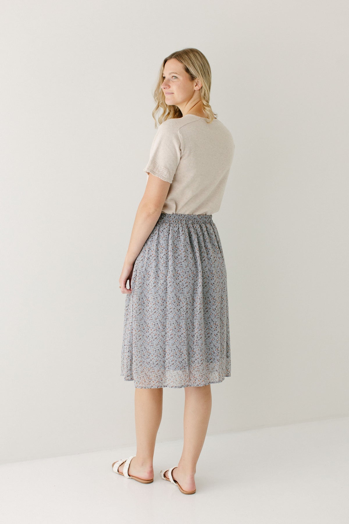 'Nina' Ditsy Floral Midi Skirt in Slate Blue FINAL SALE