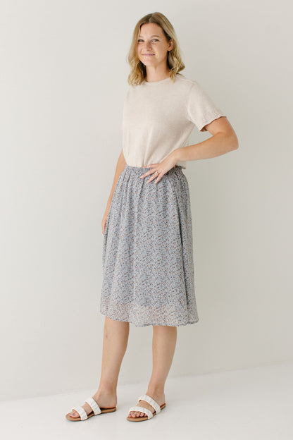 'Nina' Ditsy Floral Midi Skirt in Slate Blue FINAL SALE