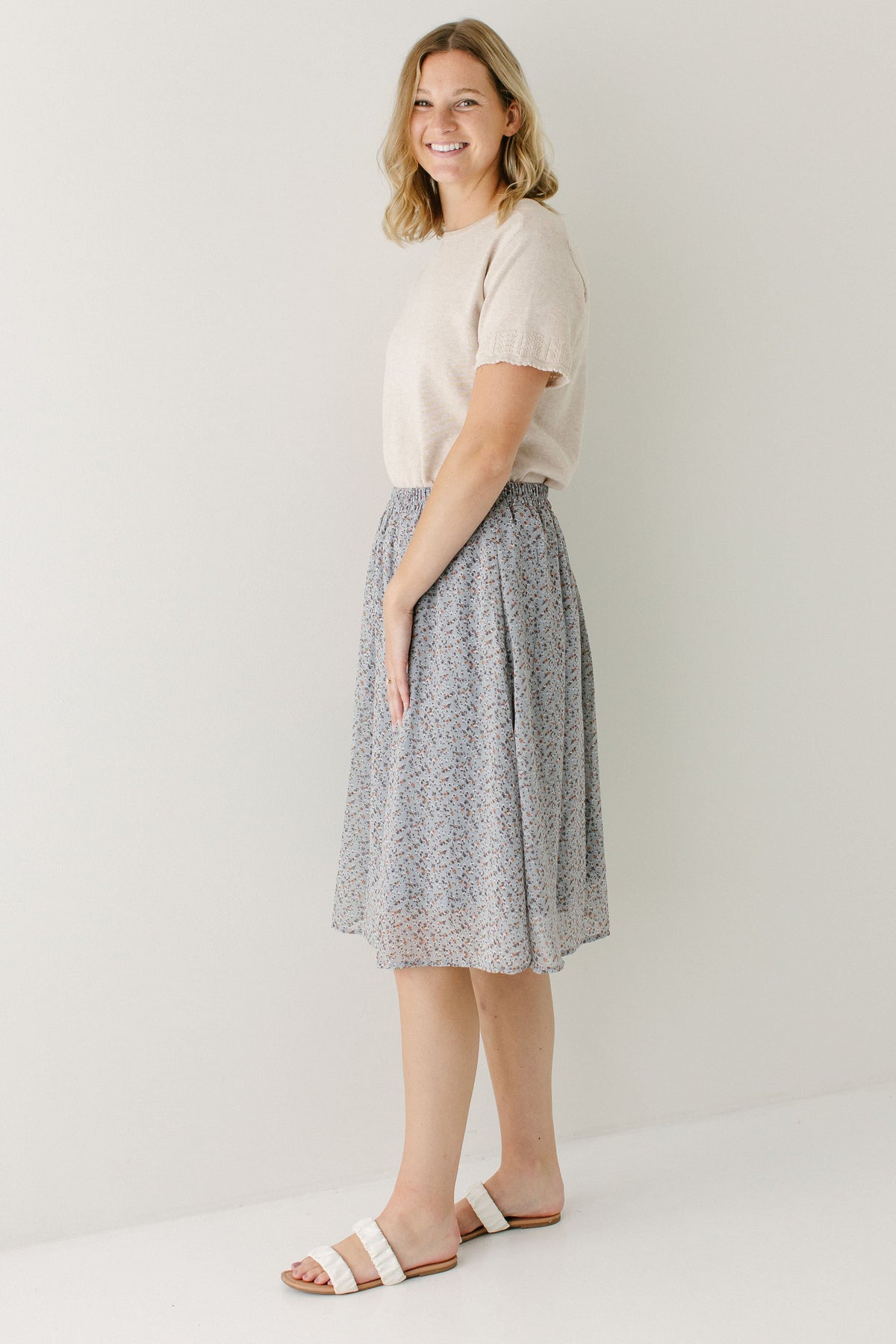 'Nina' Ditsy Floral Midi Skirt in Slate Blue FINAL SALE