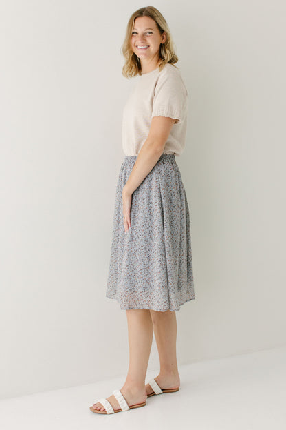 'Nina' Ditsy Floral Midi Skirt in Slate Blue FINAL SALE