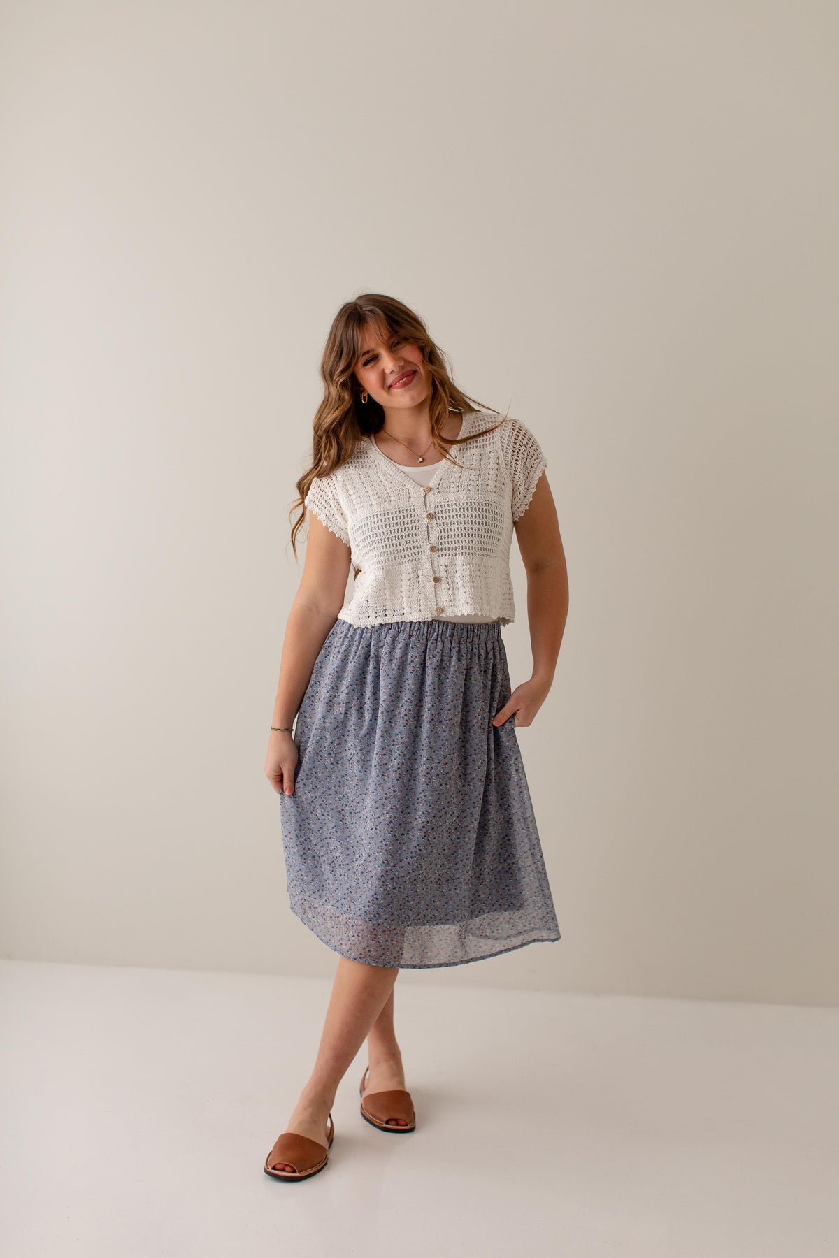 'Nina' Ditsy Floral Midi Skirt in Slate Blue FINAL SALE
