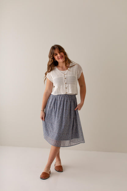 'Nina' Ditsy Floral Midi Skirt in Slate Blue FINAL SALE