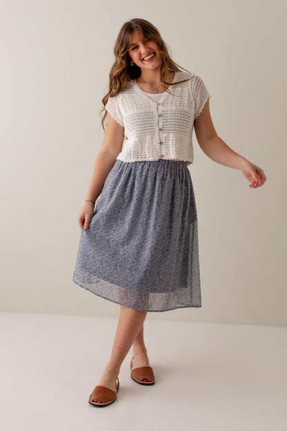 'Nina' Ditsy Floral Midi Skirt in Slate Blue FINAL SALE
