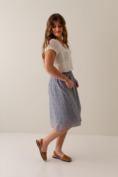 'Nina' Ditsy Floral Midi Skirt in Slate Blue FINAL SALE