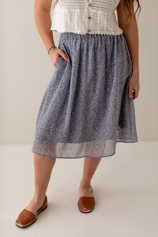 'Nina' Ditsy Floral Midi Skirt in Slate Blue FINAL SALE