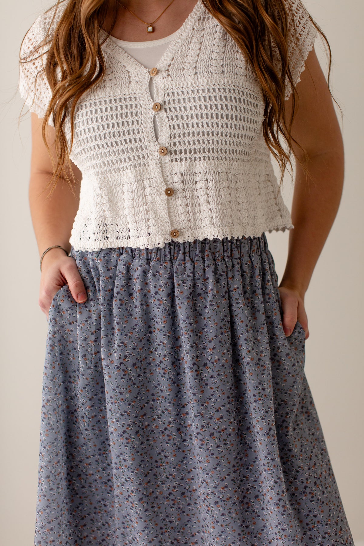 'Nina' Ditsy Floral Midi Skirt in Slate Blue FINAL SALE