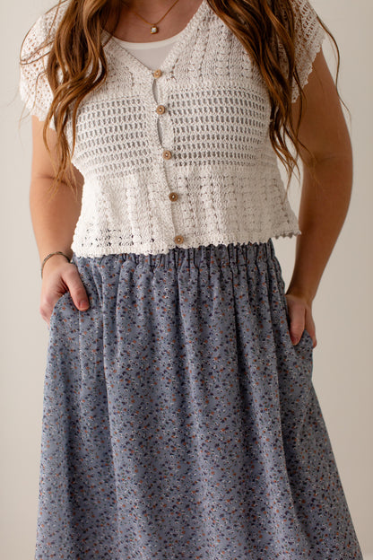 'Nina' Ditsy Floral Midi Skirt in Slate Blue FINAL SALE