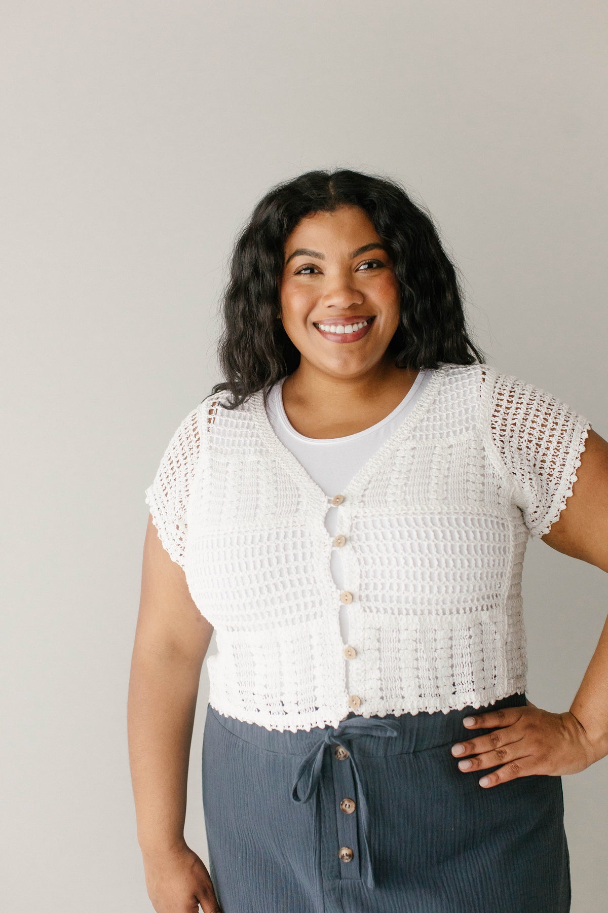 'Andrea' Short Sleeve Crocheted Cardigan FINAL SALE