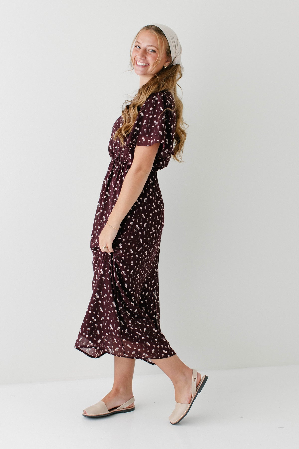 'Naomi' Floral Midi Dress in Wine