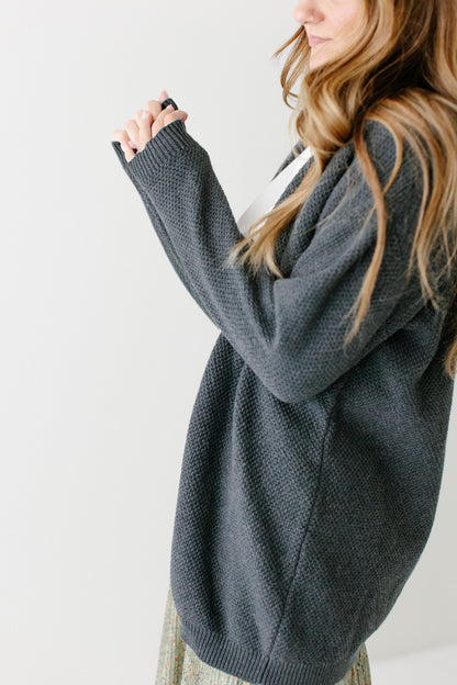 'Mattie' Cotton Textured Cardigan in Charcoal