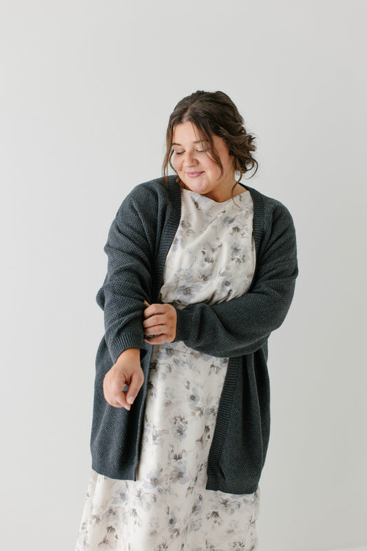 'Mattie' Cotton Textured Cardigan in Charcoal