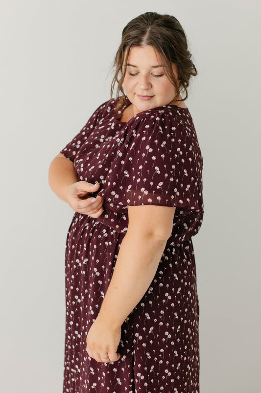 'Naomi' Floral Midi Dress in Wine